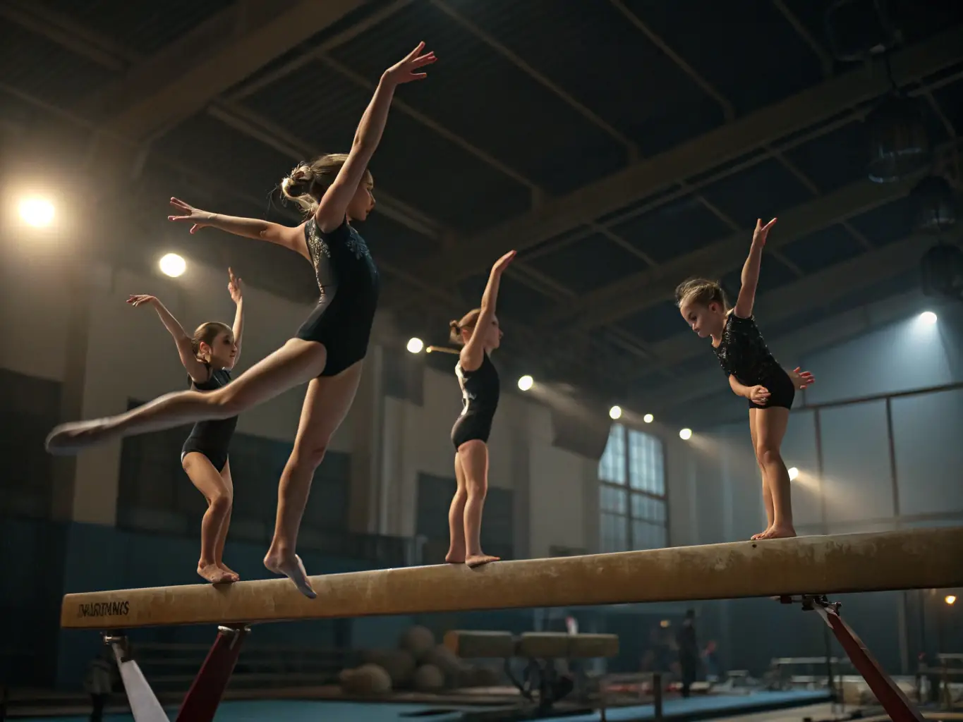 An image of teenagers practicing advanced gymnastics moves, such as flips and handstands, under the supervision of experienced instructors. The setting is a well-equipped gymnastics facility.