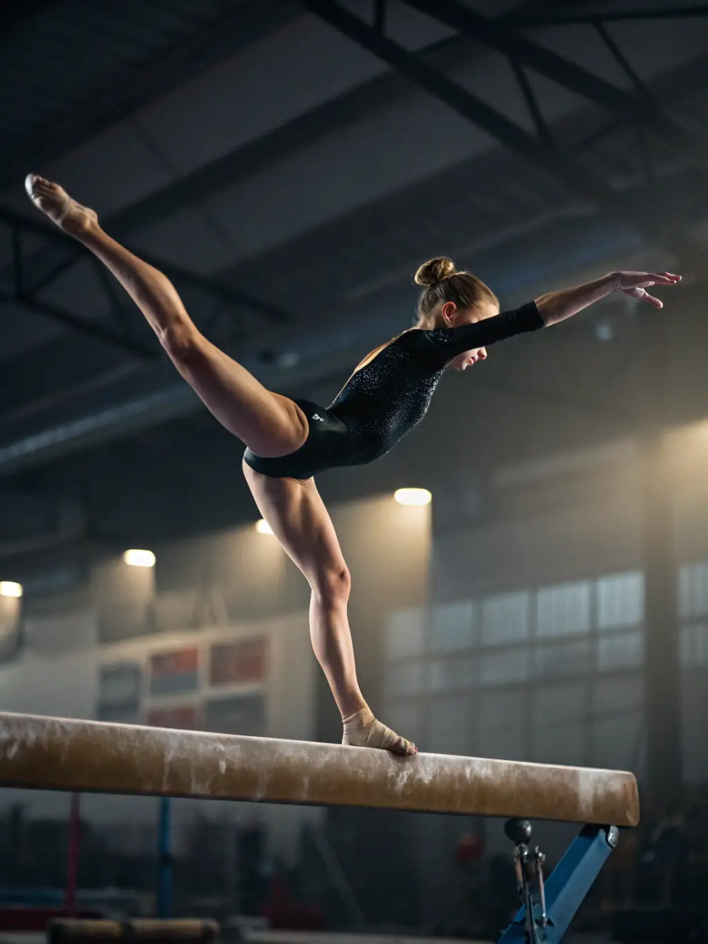 An action shot of teenagers practicing advanced gymnastics techniques on the balance beam, showcasing their strength, balance, and precision, under the guidance of a qualified instructor.