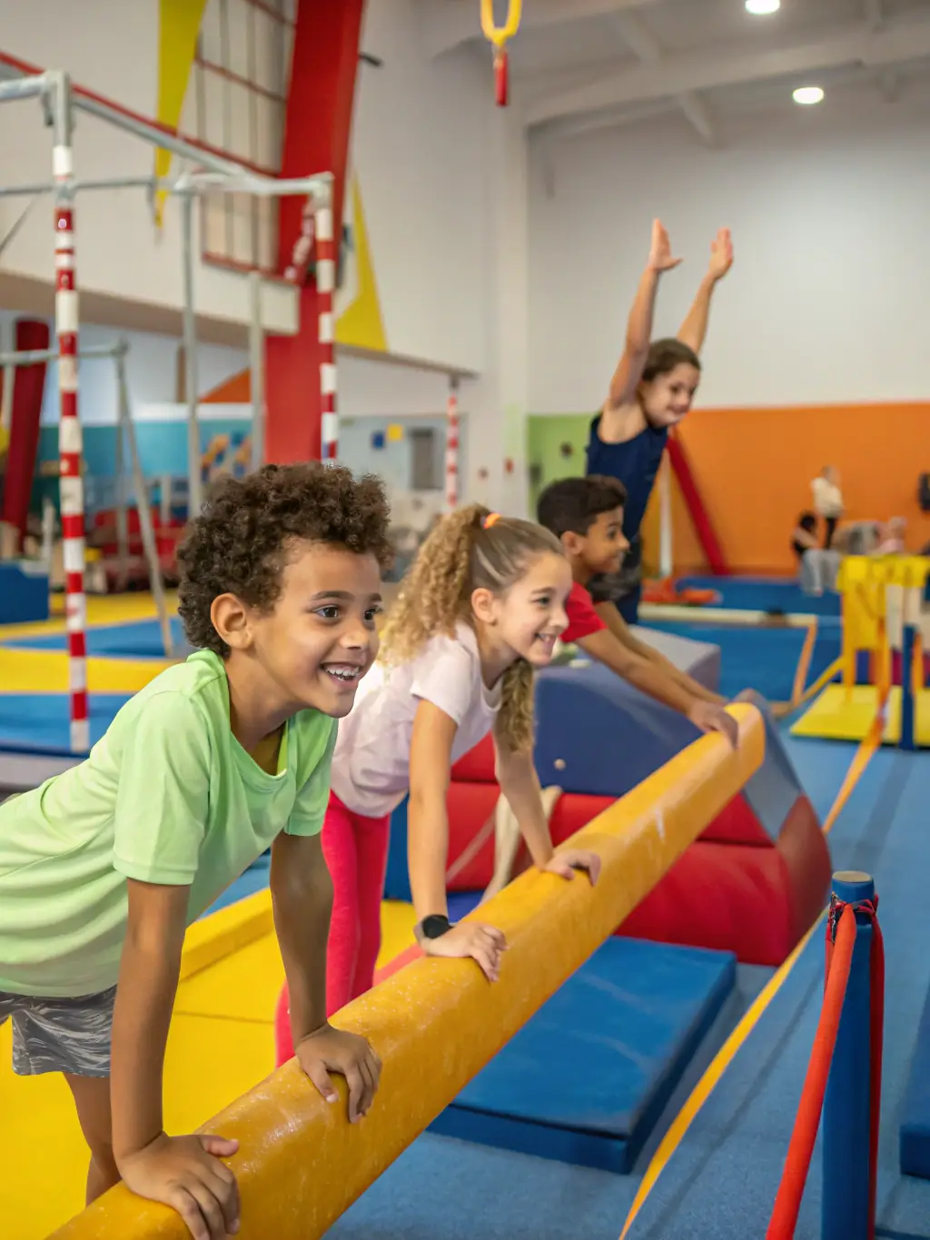 A vibrant image of young children participating in a beginner gymnastics class, focusing on basic movements and coordination, set in a well-equipped gymnastics facility with soft mats and colorful equipment.
