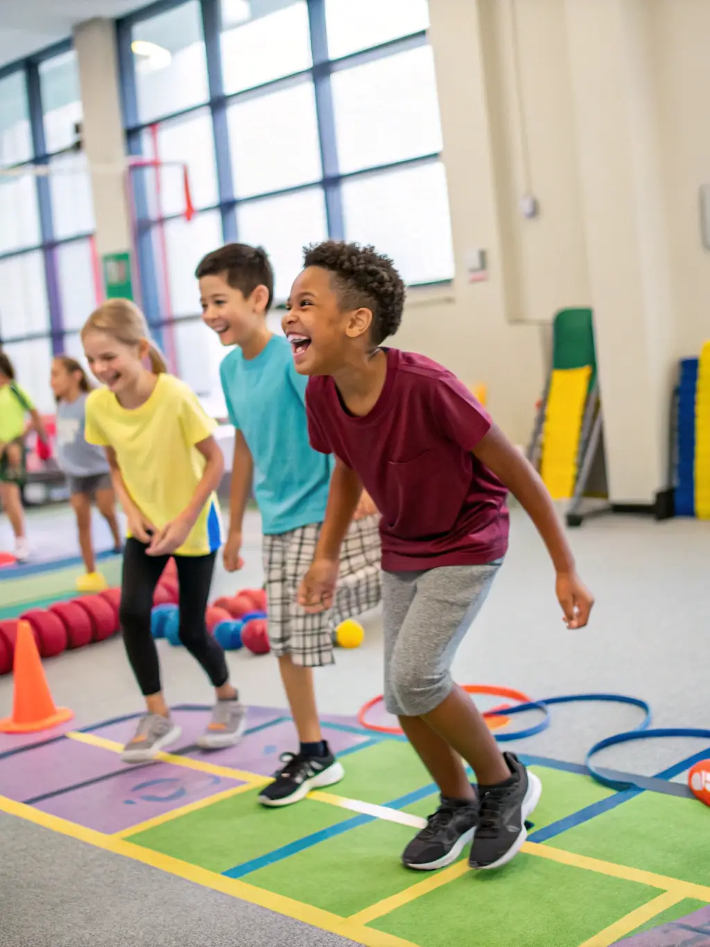 A diverse group of gymnasts of different ages and skill levels participating in a group warm-up exercise, emphasizing inclusivity and accessibility.
