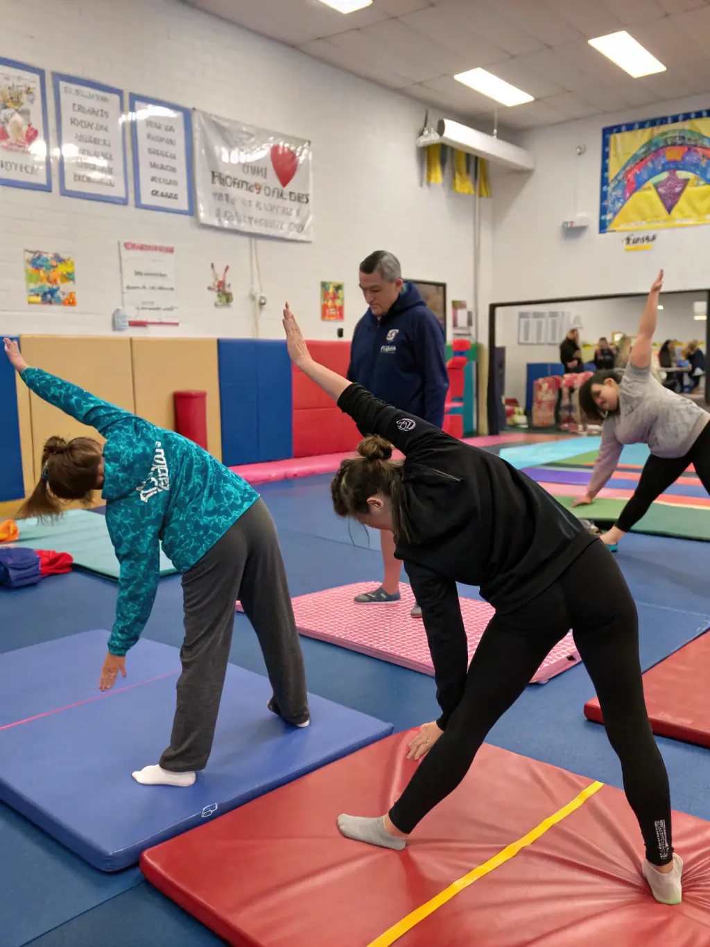 A group of adults participating in a fitness-focused gymnastics class, emphasizing strength training, flexibility exercises, and overall body conditioning, in a supportive and motivating atmosphere.