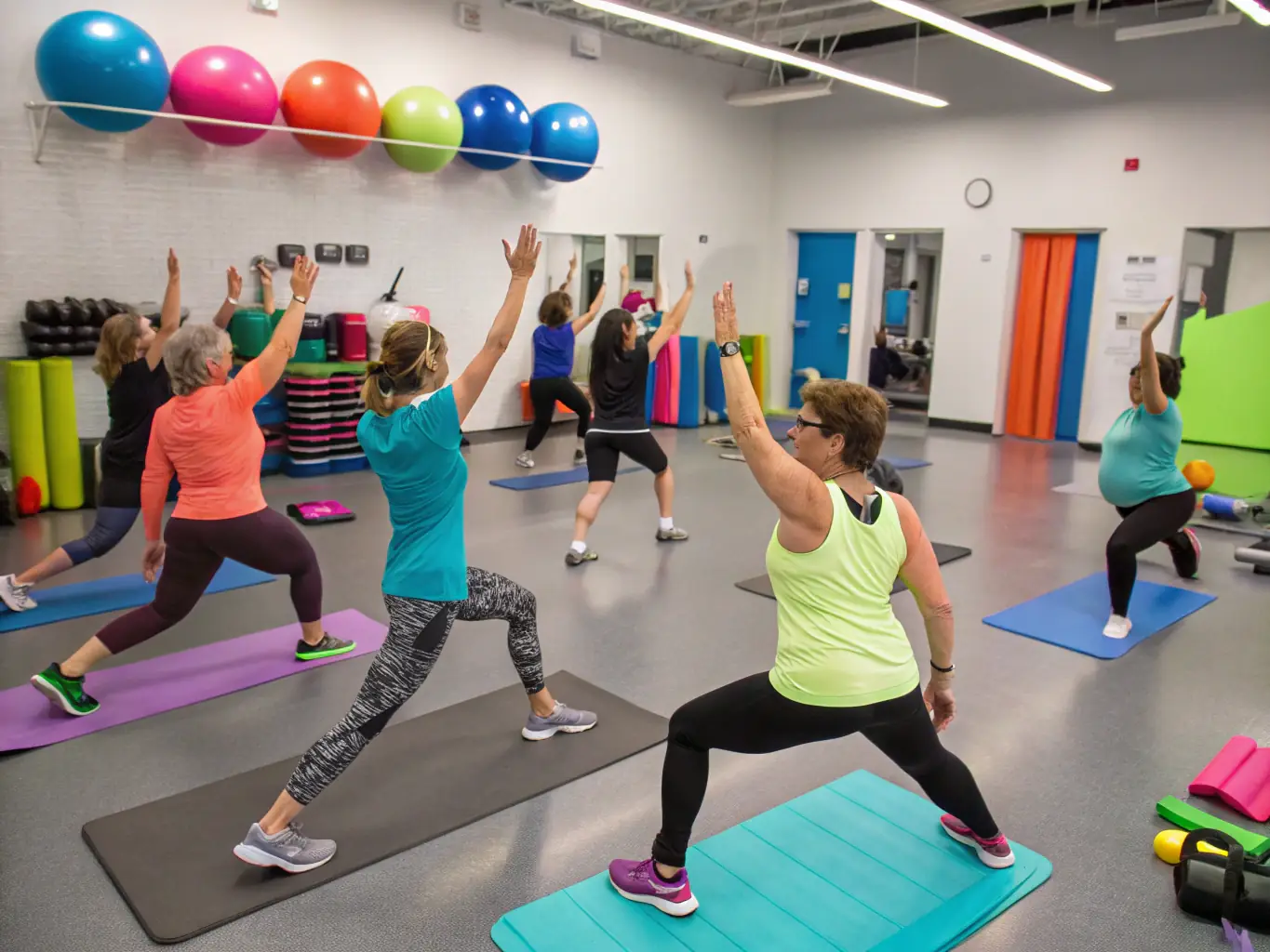 A photo of adults participating in a fitness class that incorporates gymnastics elements, such as stretching, core work, and bodyweight exercises. The atmosphere is energetic and motivating.