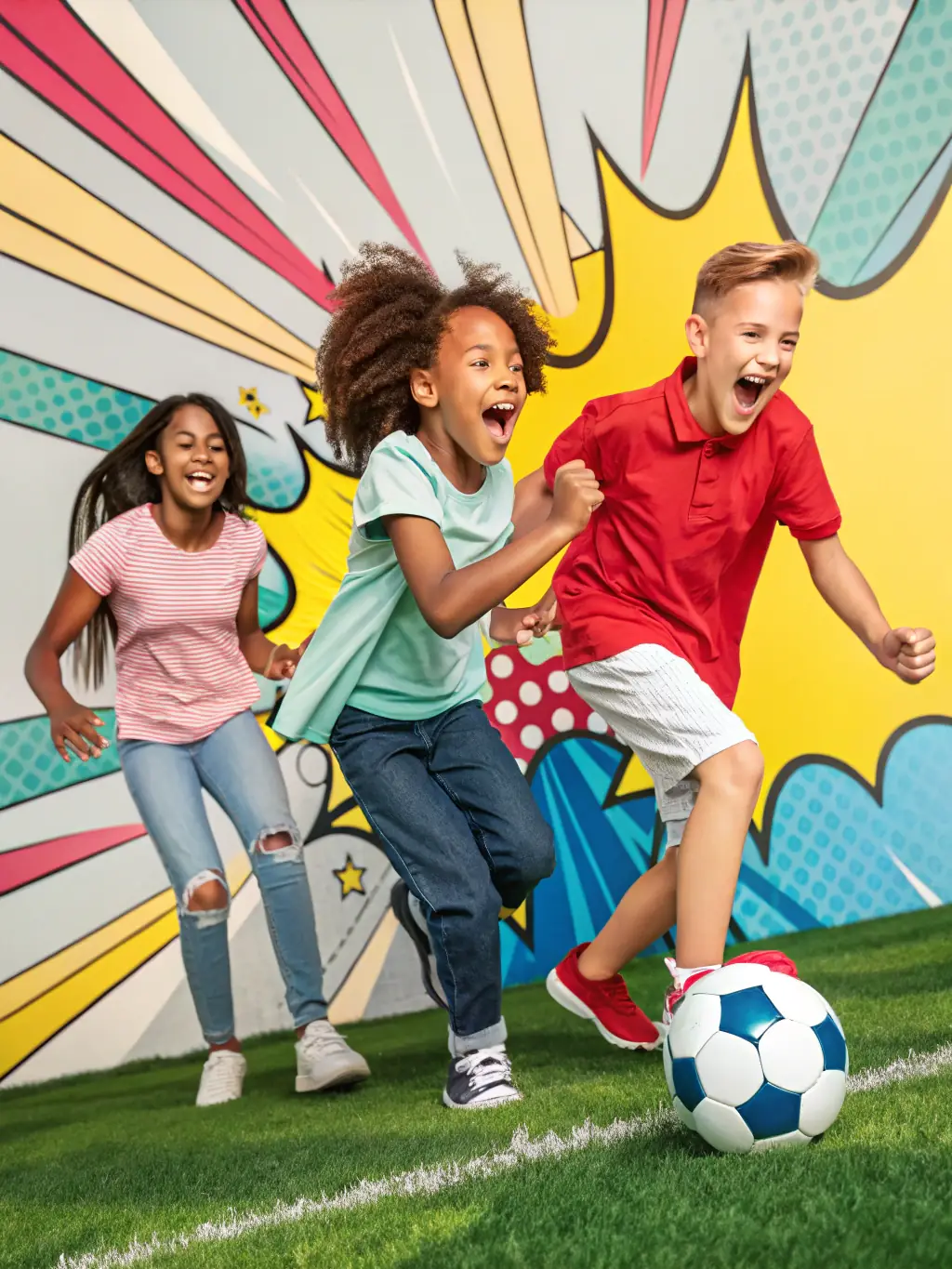 A dynamic image of children playing sports, focusing on teamwork, agility, and sportsmanship, set in a well-maintained sports field with clear markings and appropriate safety measures.