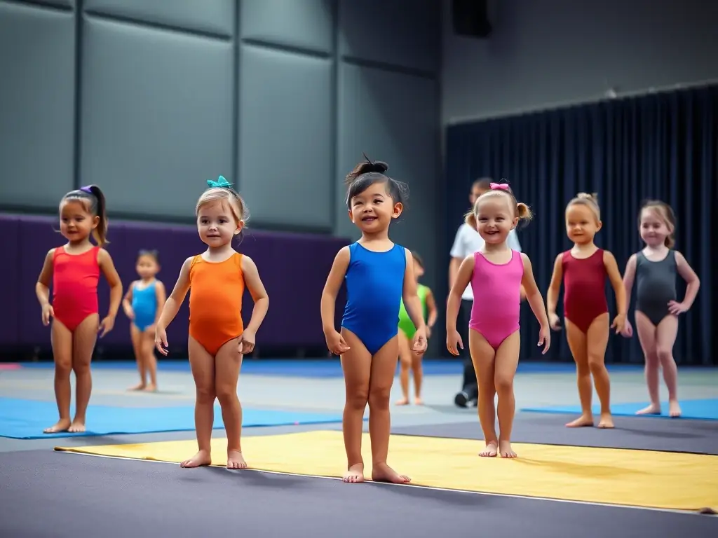 A dynamic image showcasing children of various ages participating in a gymnastics class, with a coach providing guidance and encouragement. The background features colorful mats and gymnastics equipment.