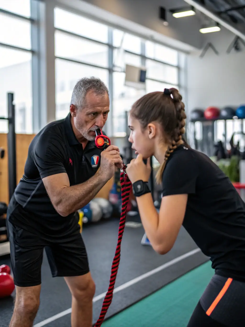 A photo of a gymnast working one-on-one with a coach, demonstrating personalized attention and customized training plans.